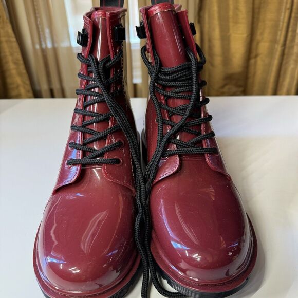 Michael Kors Tavie Burgundy Patent Lace-Up Rain Boots Womens 9 Combat Style - Picture 3 of 15